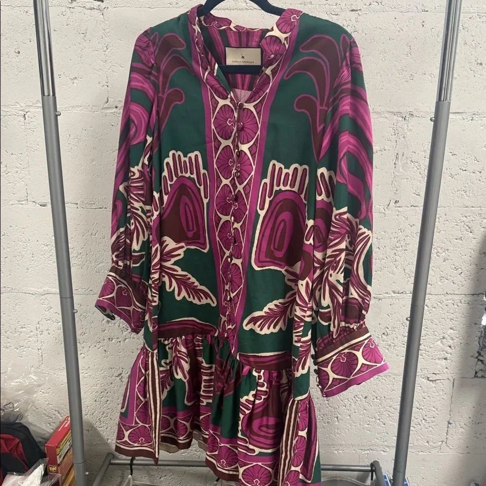 Elegant Green and Pink Patterned Dress EUGINA FERNANDEZ - Never Worn - Size Smal
